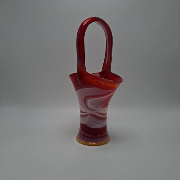 Imperial Slag Glass Basket Swirled Red & White Design Vintage Decorative Piece - Picture 4 of 16